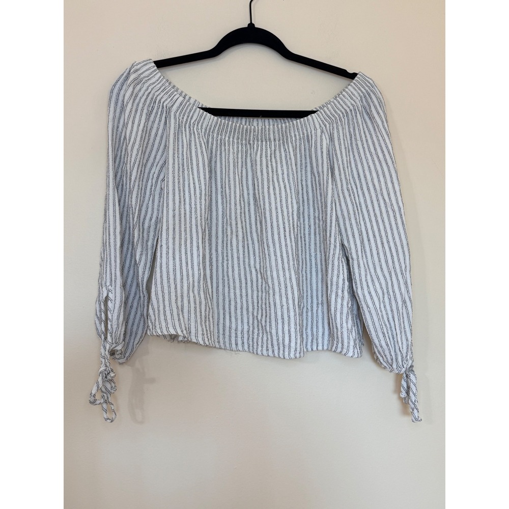 Abbeline Womens Off The Shoulder Striped Blouse White Navy Blue Tie Cuff Size M